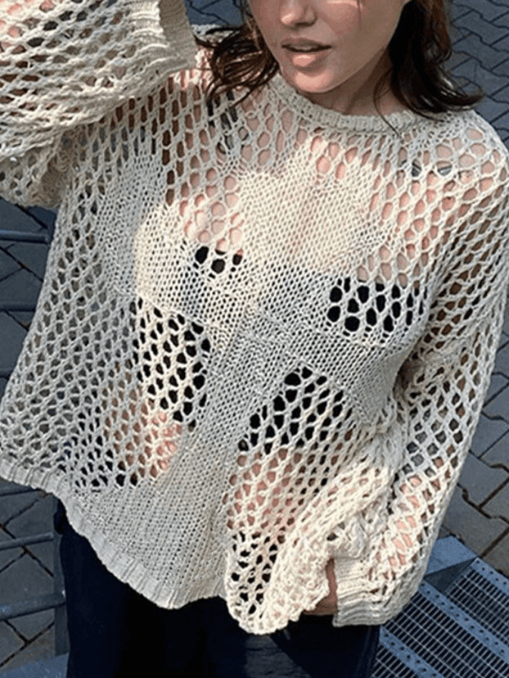 Cross Pattern Crochet Hollow Long Sleeve Knit Top - AnotherChill