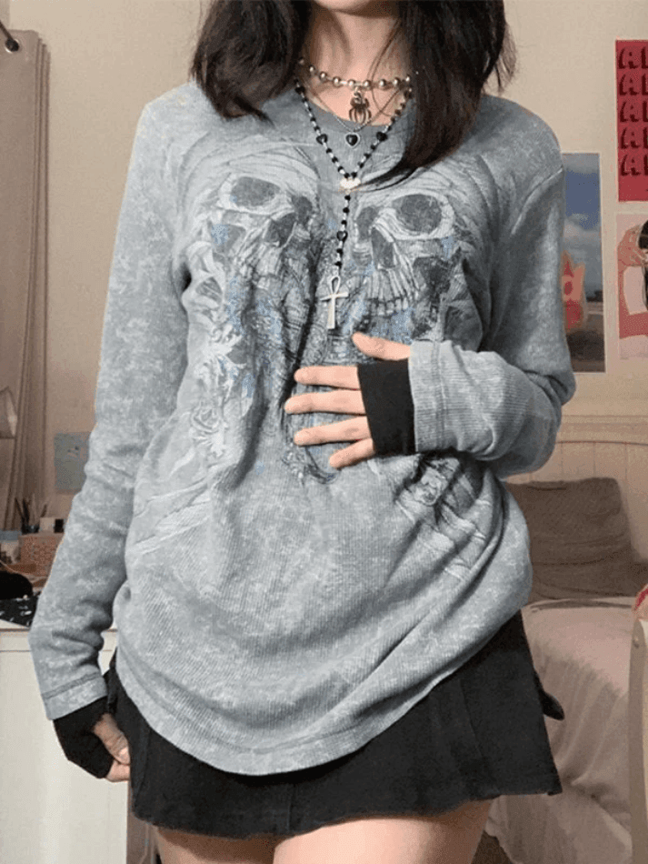 Cross Skull Printed Long Sleeve Top - AnotherChill