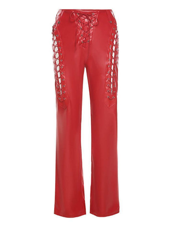 Cut-out Lace Up Pu Leather Pants - AnotherChill