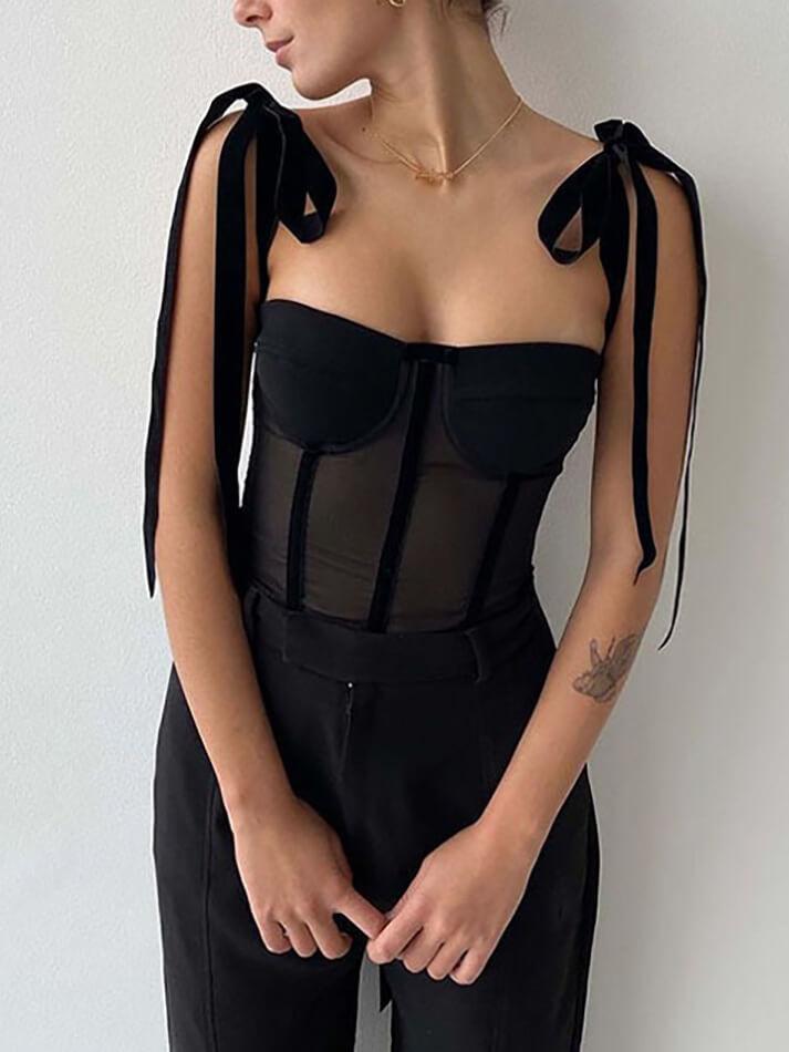 Tied Mesh Corset Crop Top - AnotherChill