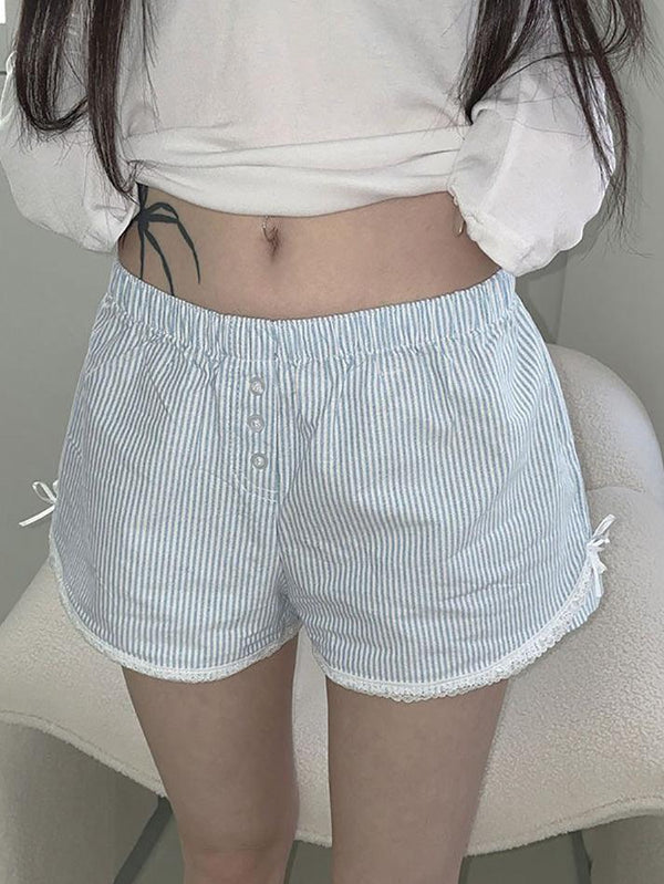 Bow Lace Patchwork Striped Shorts - AnotherChill