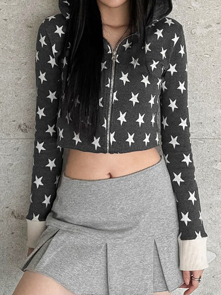 Star Print Contrast Zip-Up Hooded Sweatshirt