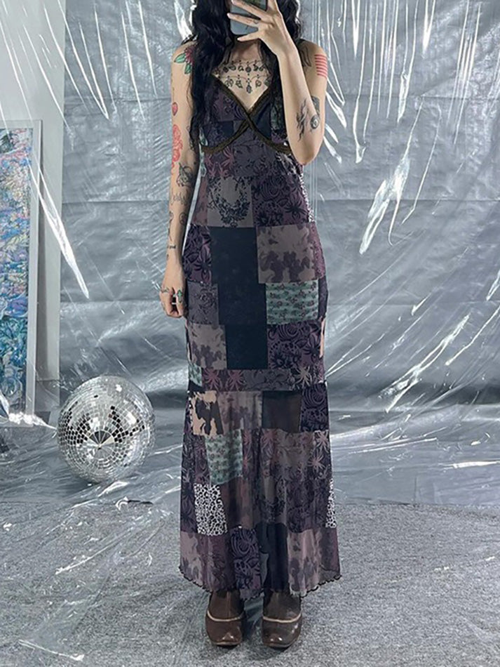 Vintage Asymmetrical Print Mesh Cami Maxi Dress