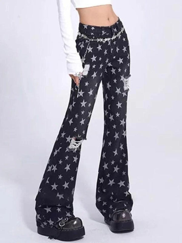 Vintage Star Print Ripped Flare Jeans - AnotherChill