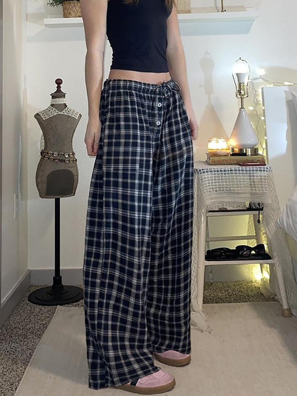 Low Waist Plaid Loose-Fit Wide-Leg Pants