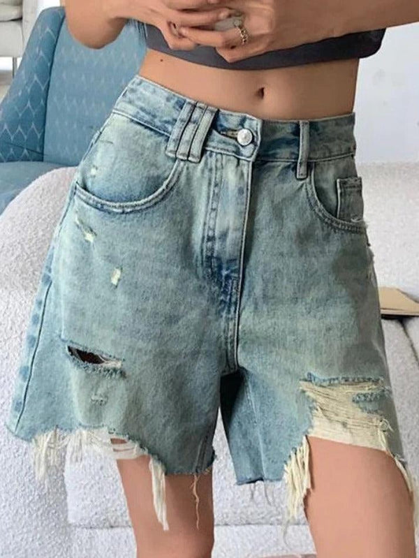 Distressed Irregular Burr Ripped Denim Shorts - AnotherChill