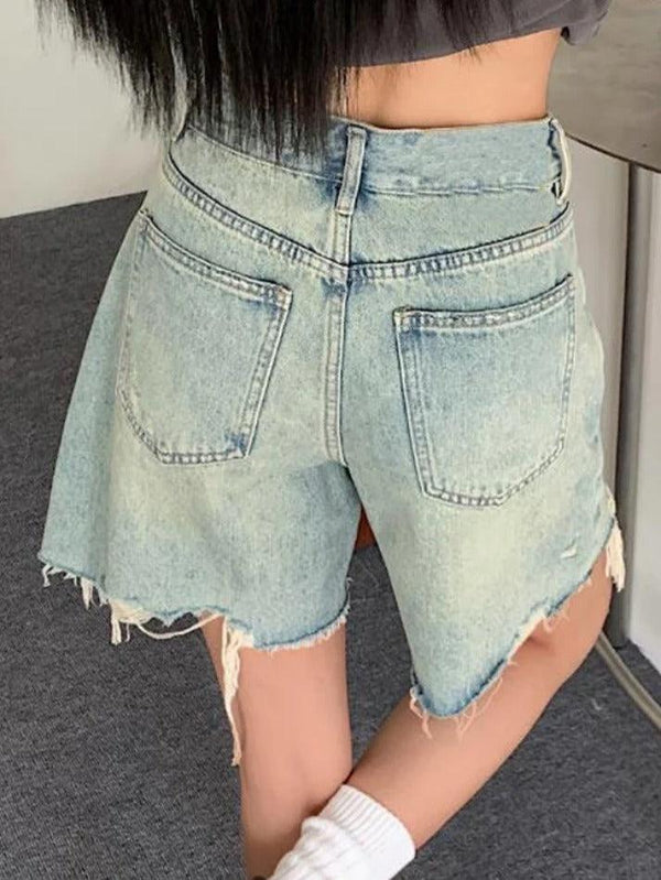 Distressed Irregular Burr Ripped Denim Shorts - AnotherChill