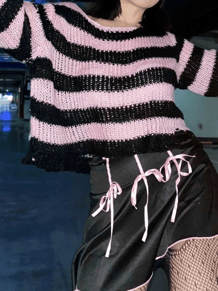 Distressed Striped Crop Sweater - AnotherChill
