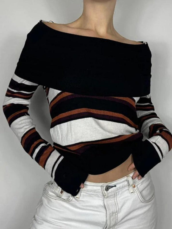 Off Shoulder Striped Print Sweaters