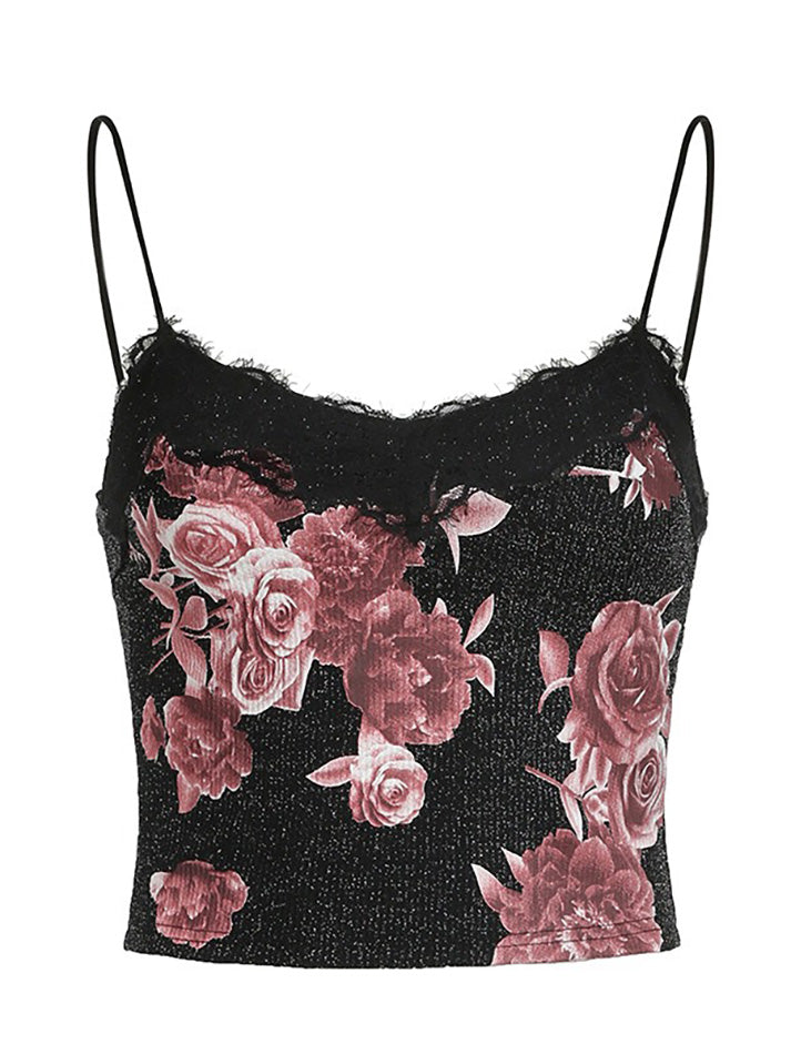 Black Lace Rose Print V-Neck Cami Top