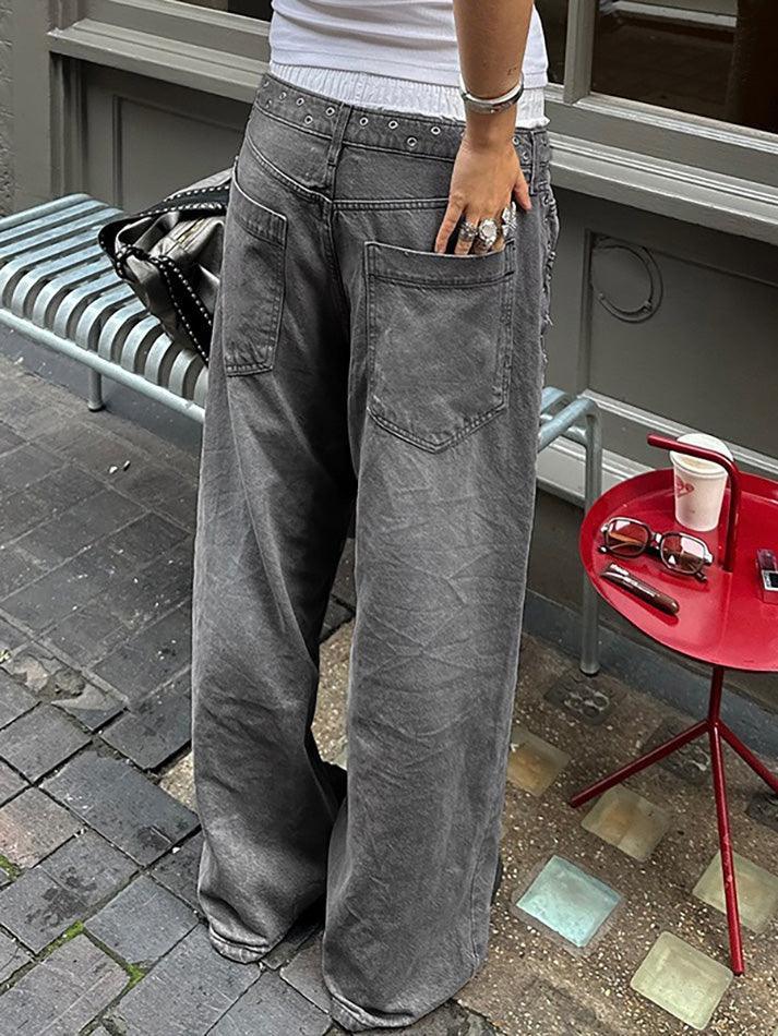 Washed Low Rise Baggy Grey Eyelet Jeans