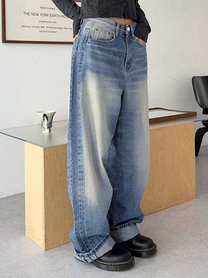 Washed Contrast Wide Legs Boyfriend Jeans