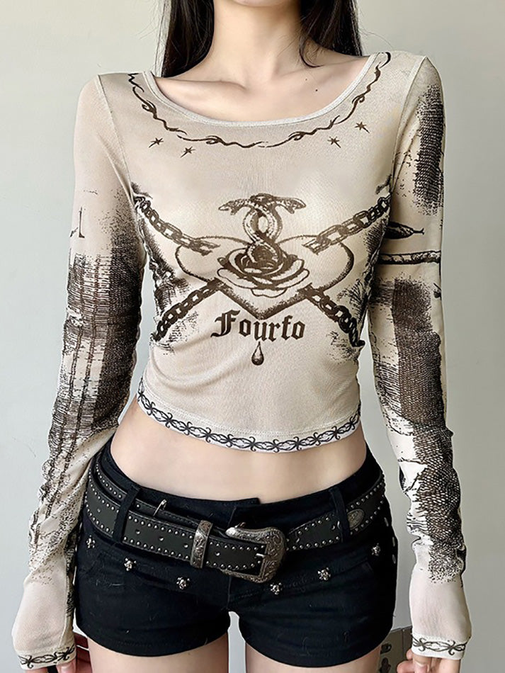 Y2K Printed Mesh Long Sleeve Crop Top