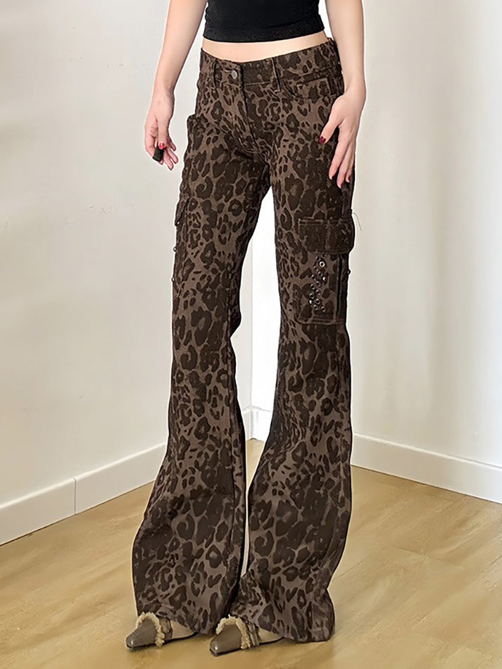 Vintage Leopard Print Multi-Pocket Flared Jeans