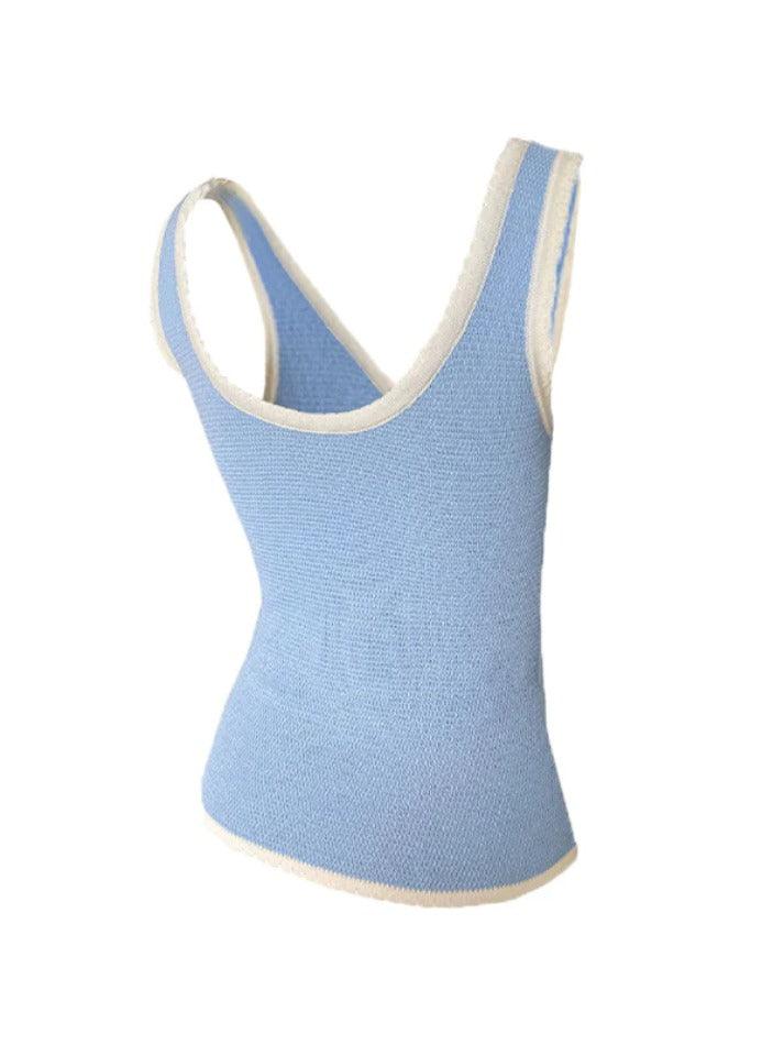 Contrast Color Stitching V Neck Bow Tank Top - AnotherChill