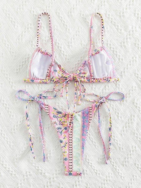 Ethnic Floral Lace Up Bikini Set - AnotherChill