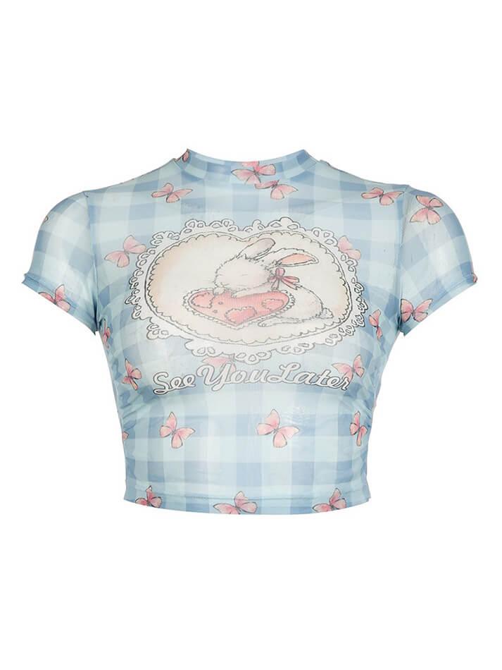 Rabbit & Lettering Print Mesh See-Through Crop Top - AnotherChill