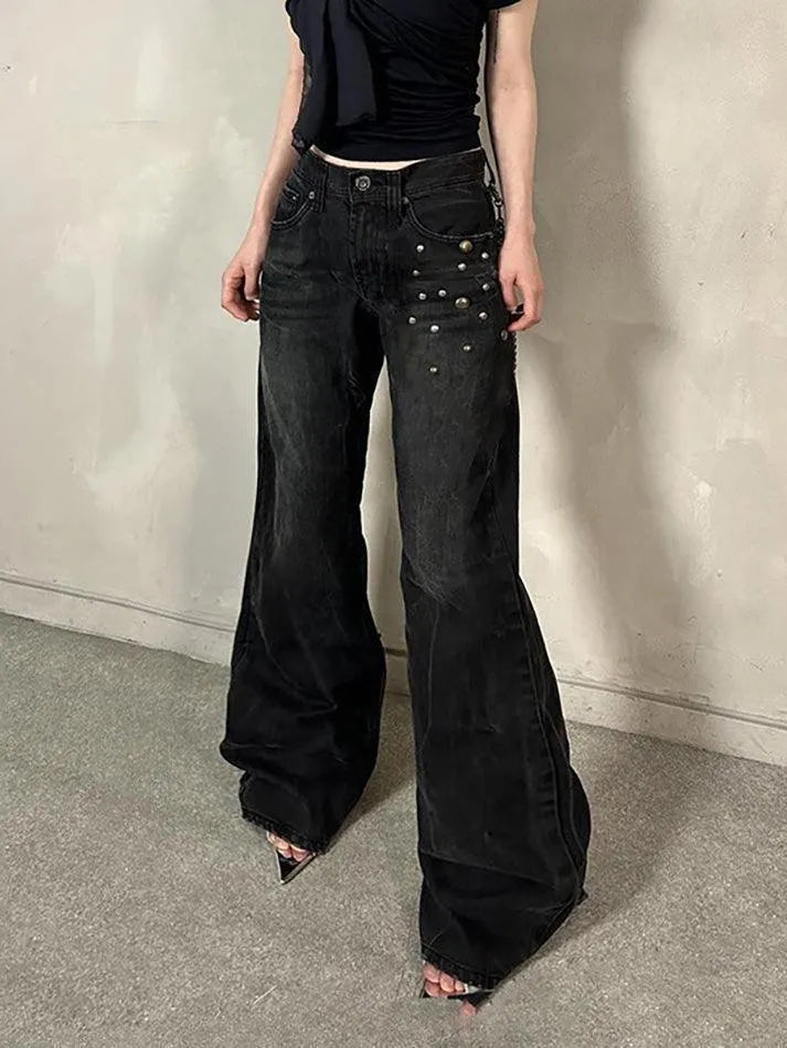 Vintage Washed Studded Flared Jeans