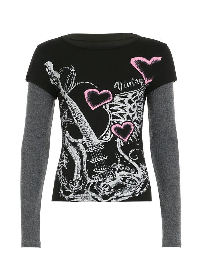 Vintage Contrast Guitar Print Faux Two-Piece Top