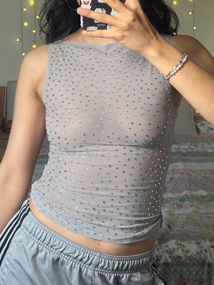 Rhinestone Sheer Mesh Tank Top