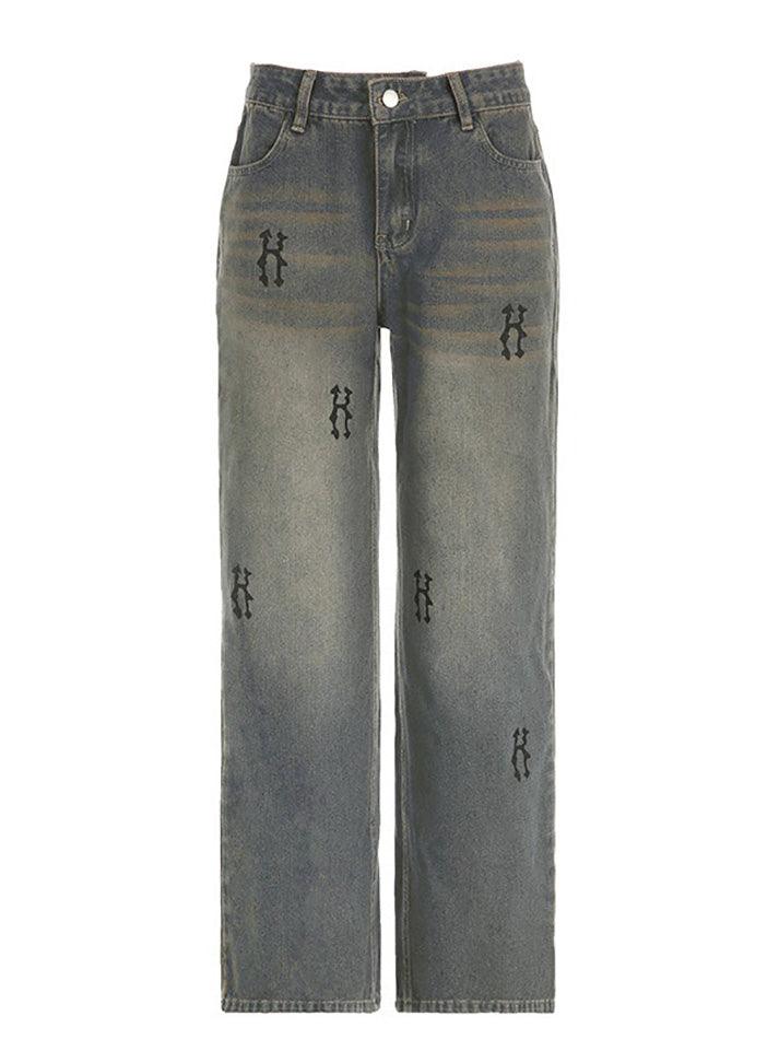 Letter Pattern Wide Leg Denim Jeans - AnotherChill