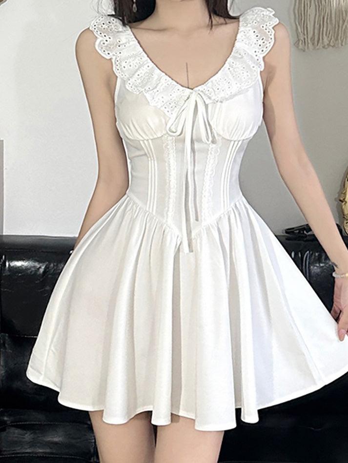 Solid Lace Trim Corset Short Dress - AnotherChill