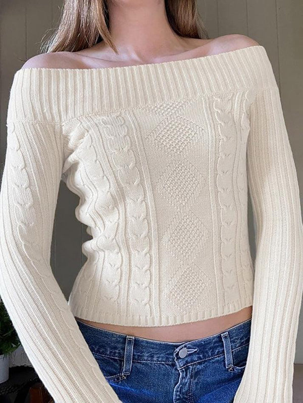 Knit Braided Pattern Boat Neckline Slim Fit Crop Sweater