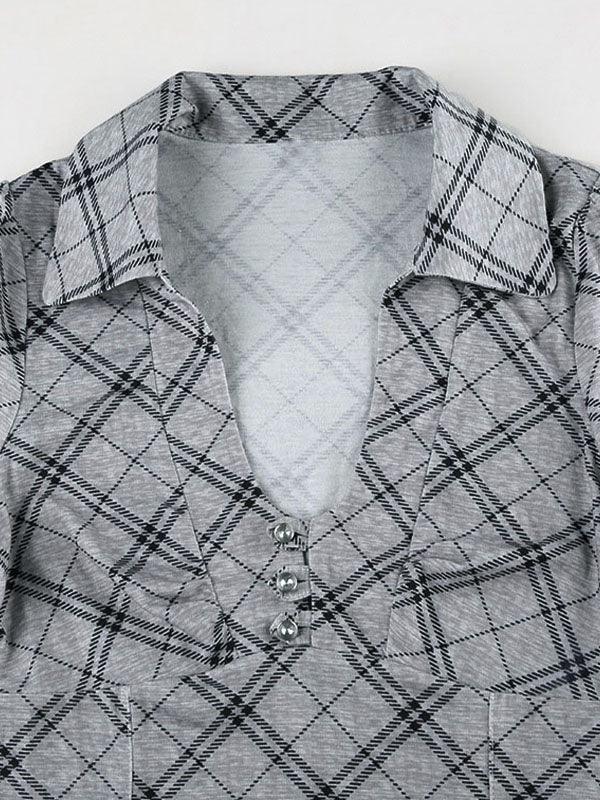 Argyle Print V Neck Diamond Button Long Sleeve Tee - AnotherChill