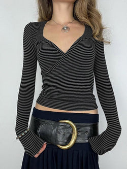 Vintage Striped Cross V-Neck Long Sleeve Tee