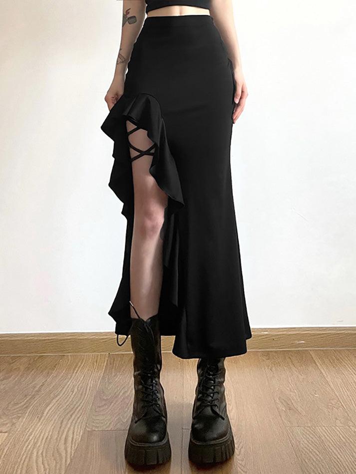 High Waist Irregular Split Goth Skirt - AnotherChill