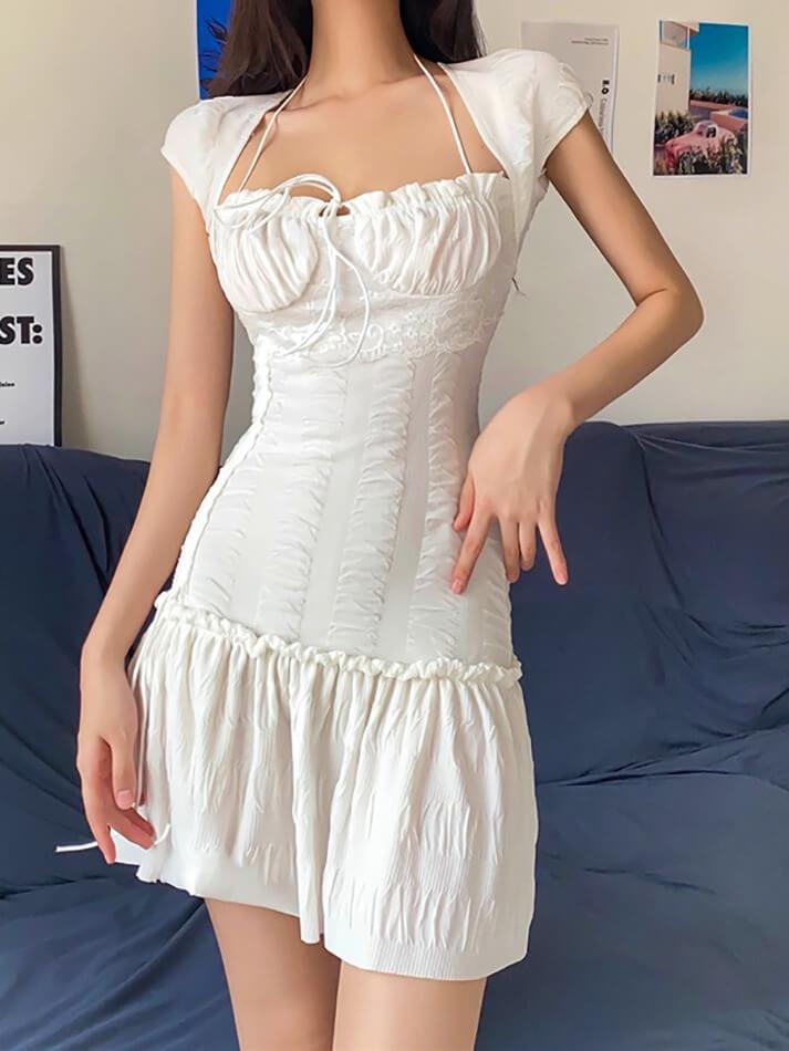 Lace-up Ruffled Short Sleeve French Dress - AnotherChill