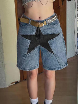 Five-Pointed Star Splicing Slim Ddenim Shorts - AnotherChill