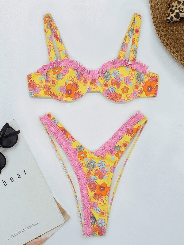 Frill Trim Underwire Floral Bikini Set - AnotherChill