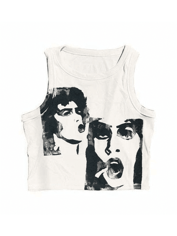 Funny Face Print Cropped Tank Top - AnotherChill