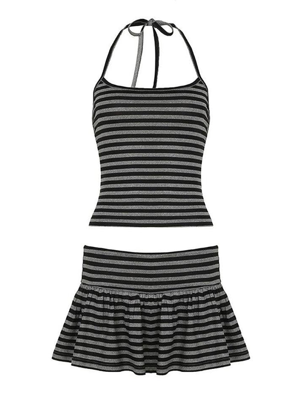 Halter Tie Contrast Backless Striped Two-Piece Set - AnotherChill