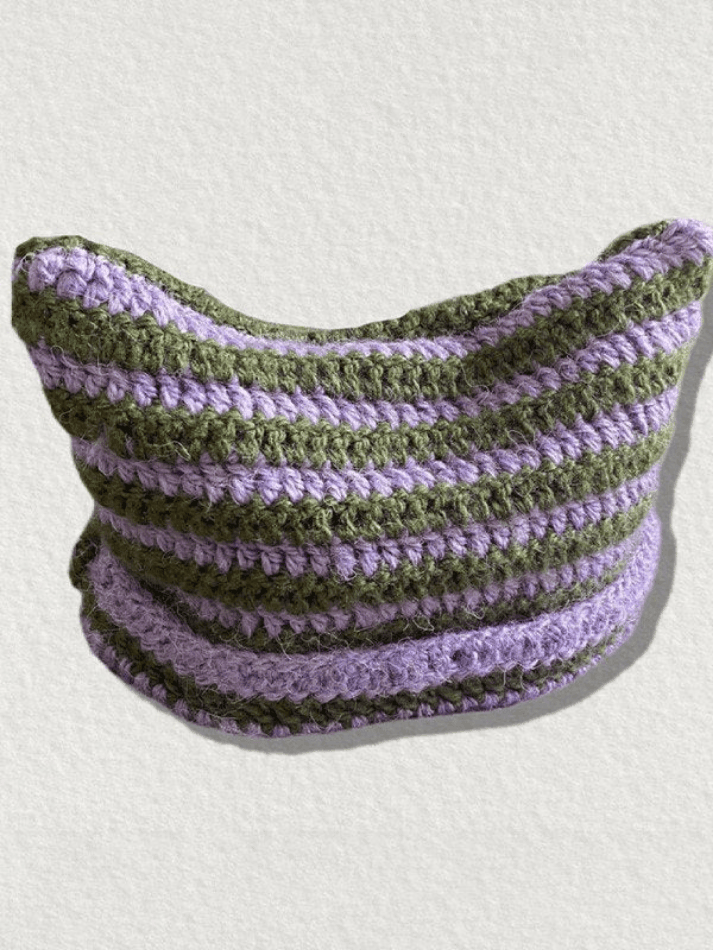 Hand Made Horn Detail Striped Knitted Hat - AnotherChill
