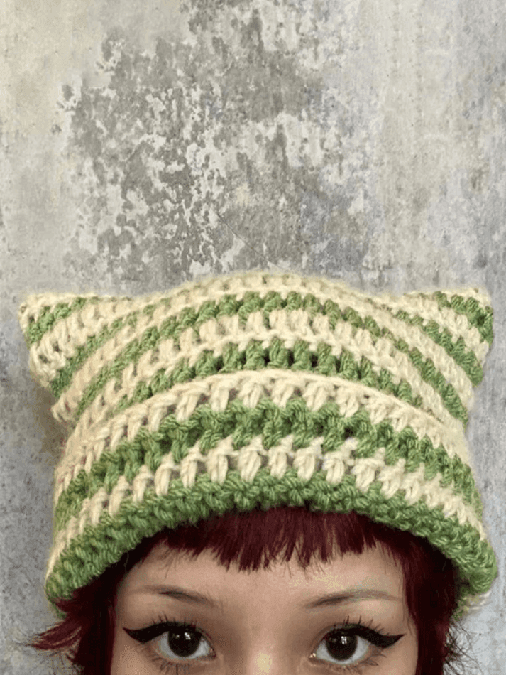 Hand Made Horn Detail Striped Knitted Hat - AnotherChill