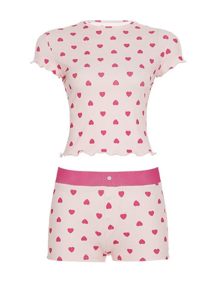 Heart Print Contrast Rolled-Hem Two-Piece Set - AnotherChill