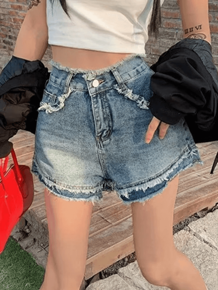 High Waist Frayed Denim Shorts - AnotherChill