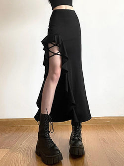 High Waist Irregular Split Goth Skirt - AnotherChill