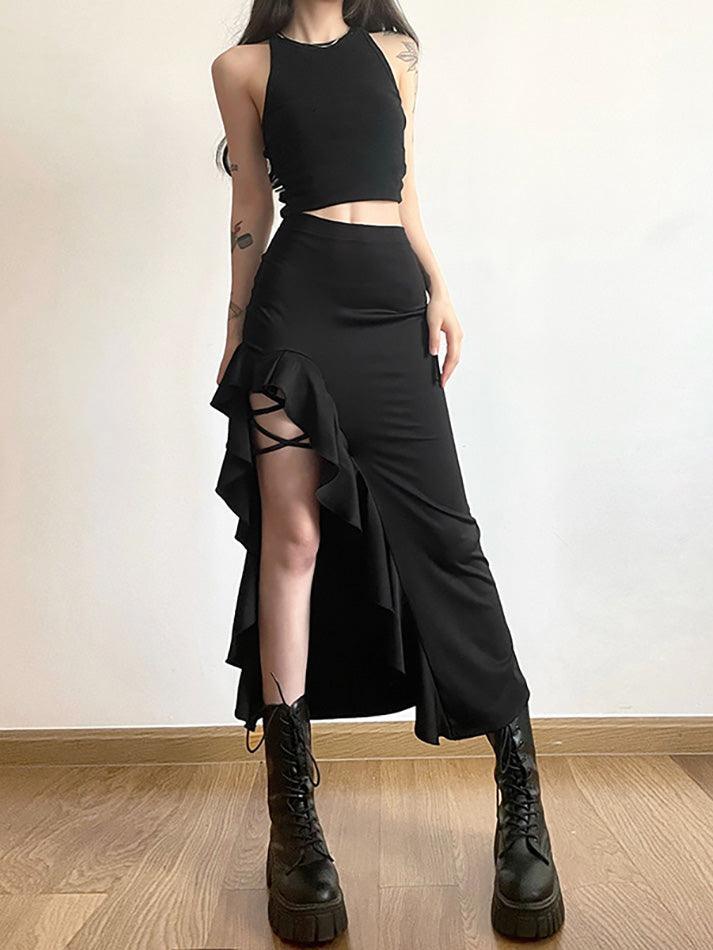 High Waist Irregular Split Goth Skirt - AnotherChill