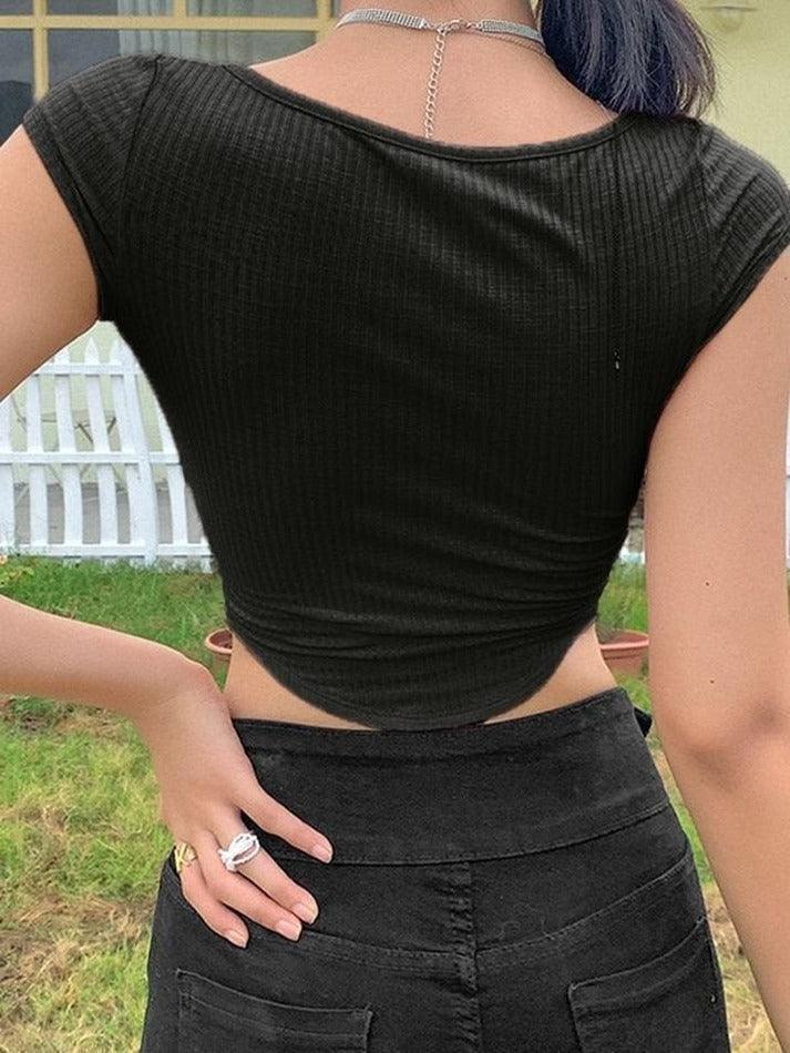 Irregular Buttoned Rib Crop Top - AnotherChill