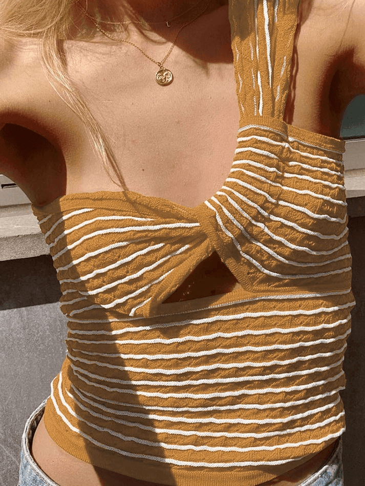 Knitted Stripe One Shoulder Tank Top - AnotherChill