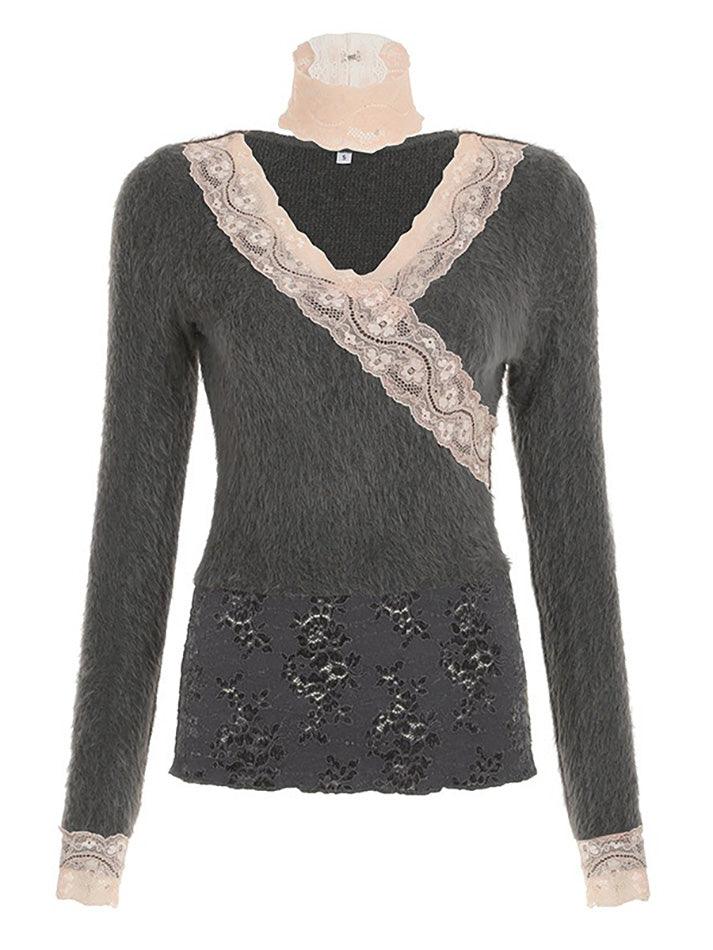 Lace Contrast V-Neck Long Sleeve Top - AnotherChill