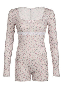 Lace Floral Print Square Neck Bodysuit - AnotherChill