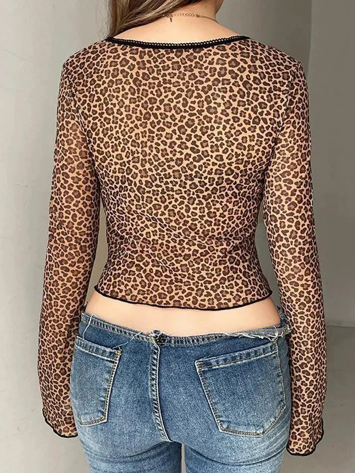 Lace Leopard Print Tie Long Sleeve Top - AnotherChill