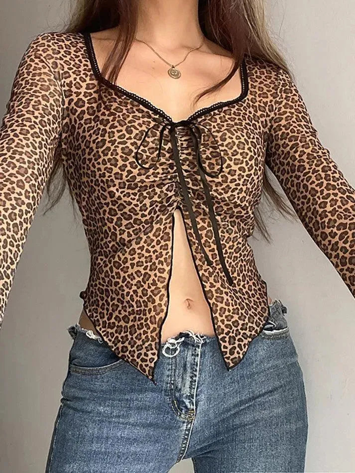 Lace Leopard Print Tie Long Sleeve Top - AnotherChill