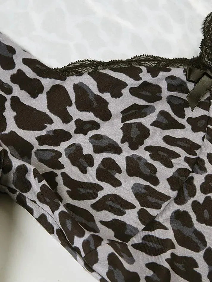 Lace Leopard Print V-Neck Fitted Long Sleeve Top - AnotherChill