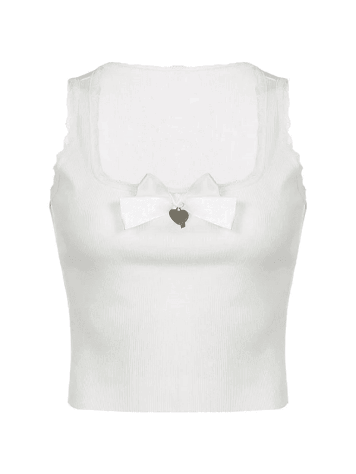 Lace Trim Bow White Tank Top - AnotherChill