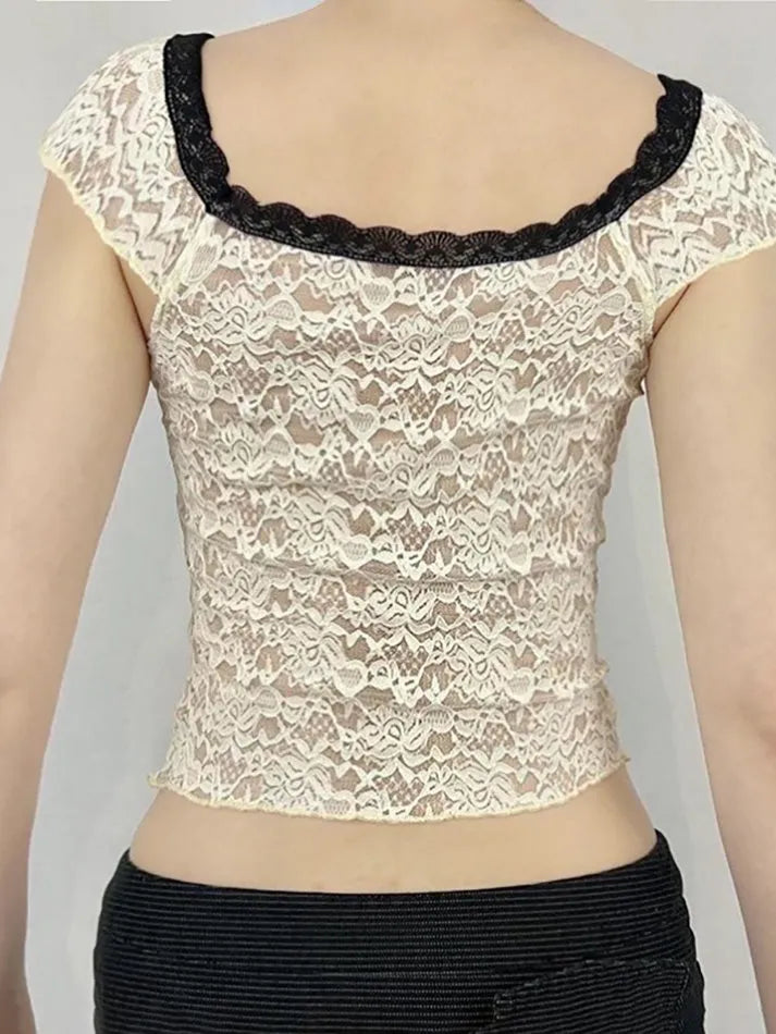 Lace Trim Contrast Hollow Out V-Neck Crop Top - AnotherChill